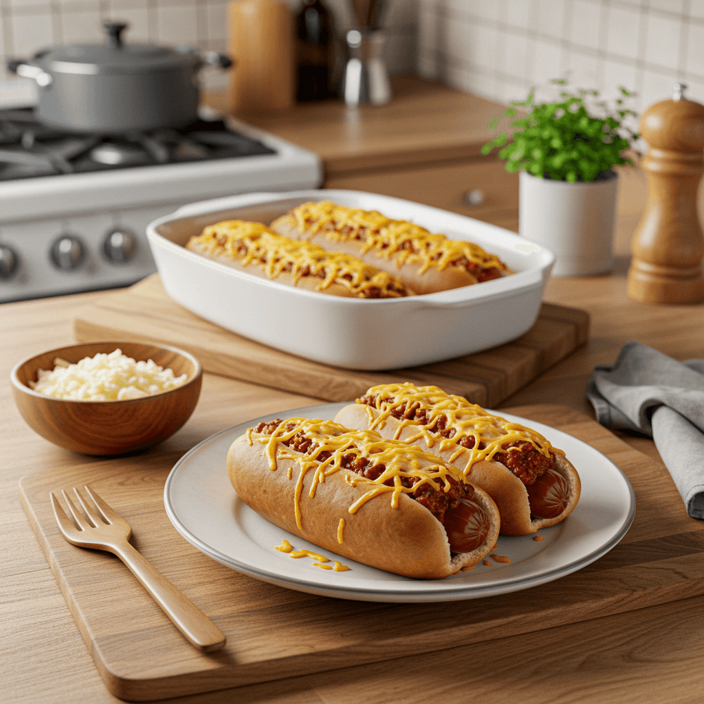 Oven-Baked Chili Cheese Hot Dogs
