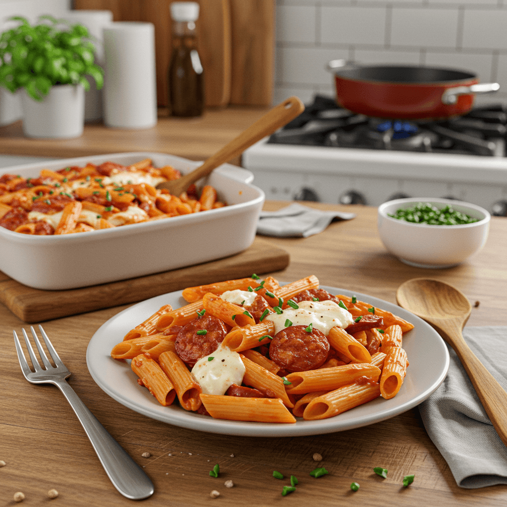 Oven-Baked Penne with Smoked Sausage and Mozzarella