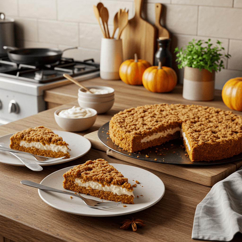 Pumpkin Crunch Cake with Spiced Cream