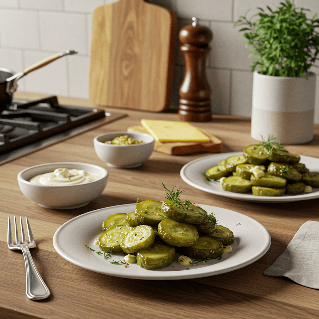 Sautéed Dill Pickle Bites with Mustard-Dill Drizzle