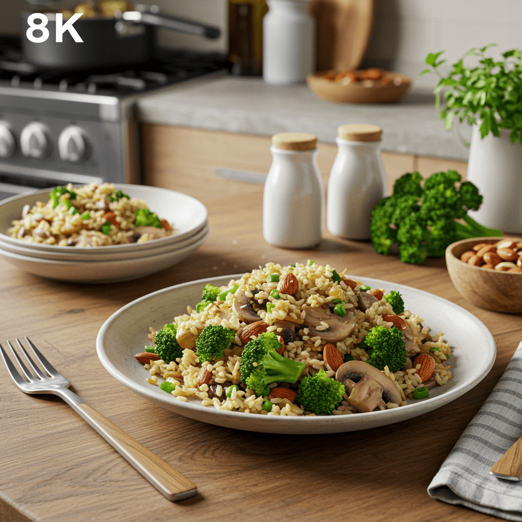 Sauteed Herb-Infused Rice with Almonds, Mushrooms, and Broccoli