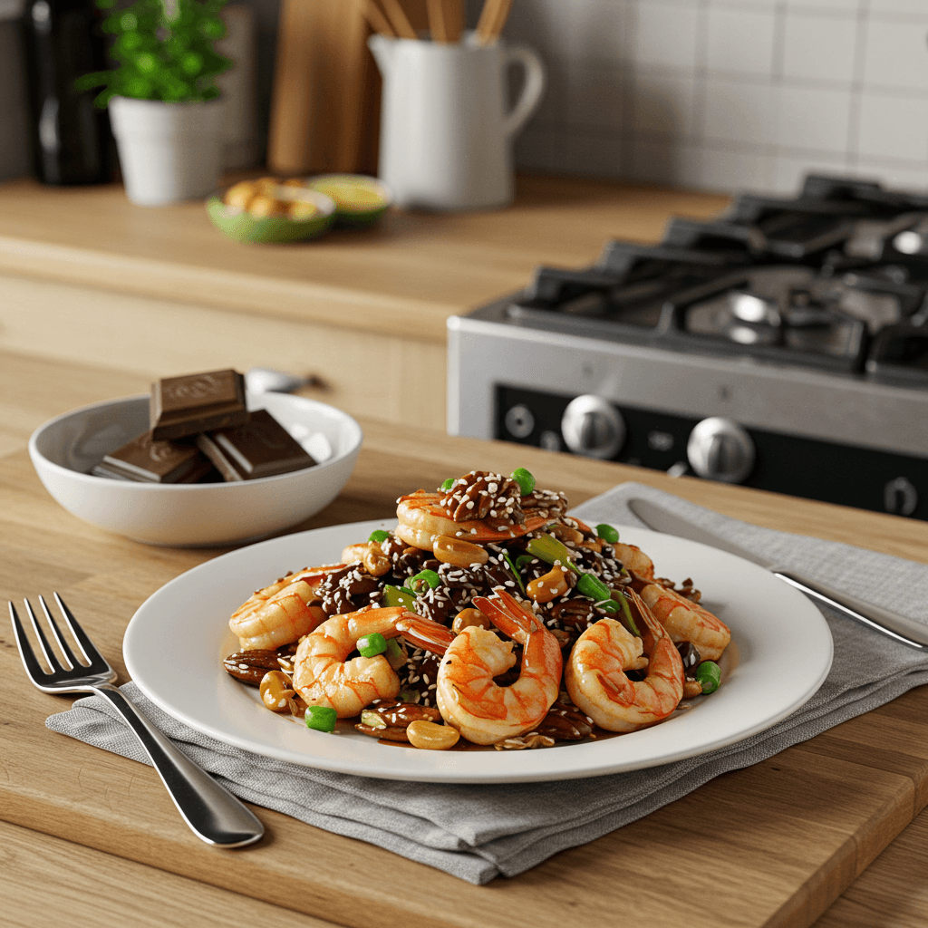 Sautéed Nut Delight with Ginger Sesame Shrimp and Chocolate Surprise