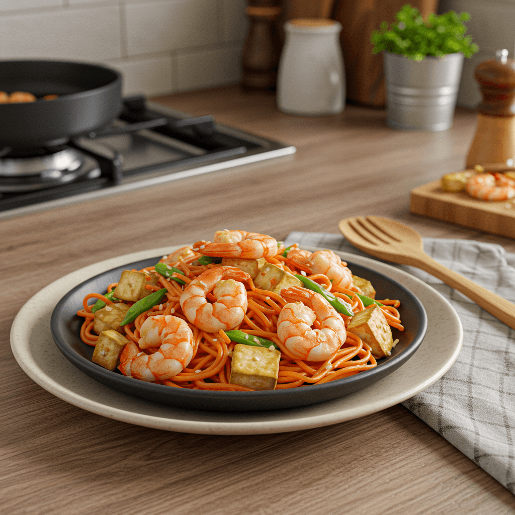 Shrimp and Tofu Stir-Fry with Sweet Potato Starch Noodles