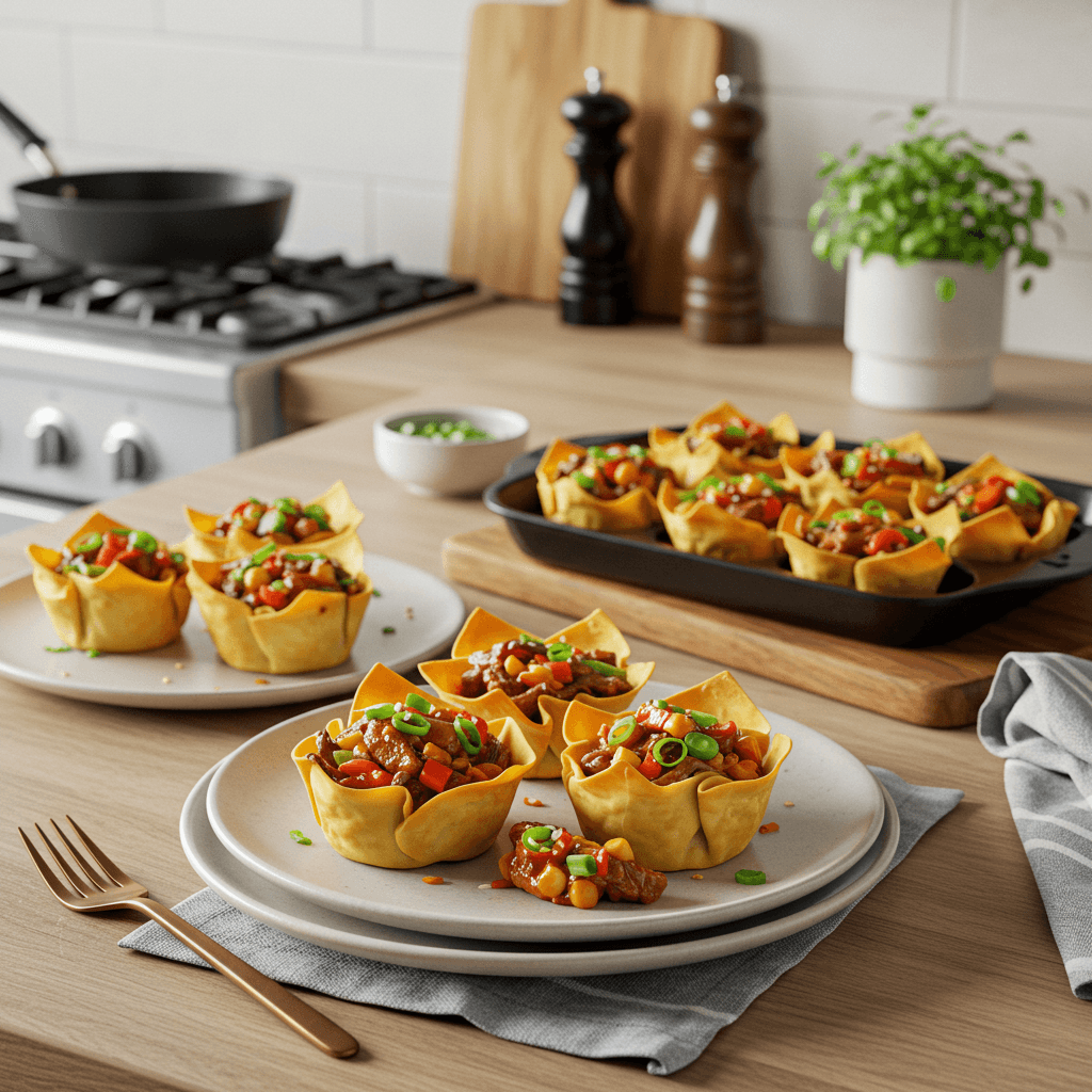 Spicy Beef and Veggie Wonton Cups