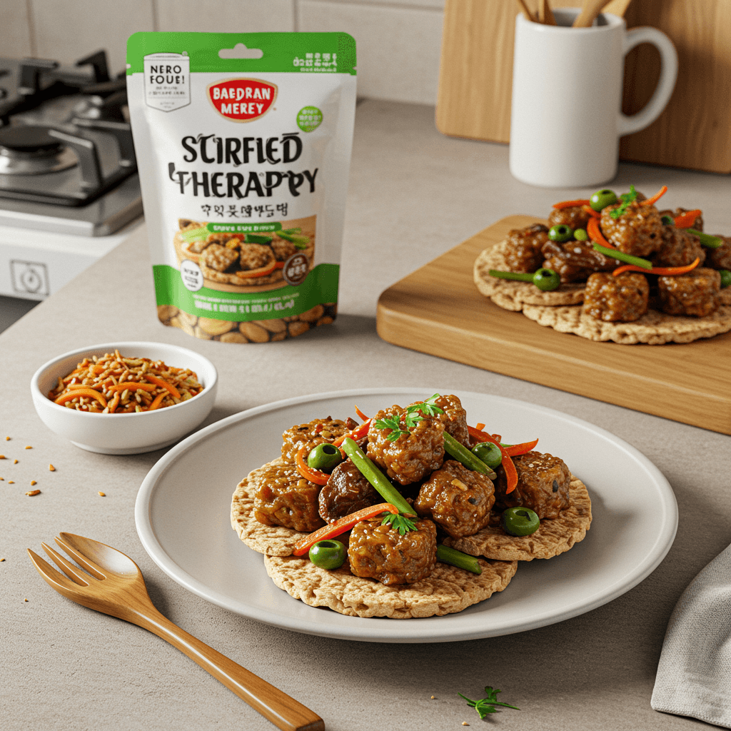 Stir-Fried Dried Beef & Olive Therapy Snack Bites on Crisp Rounds