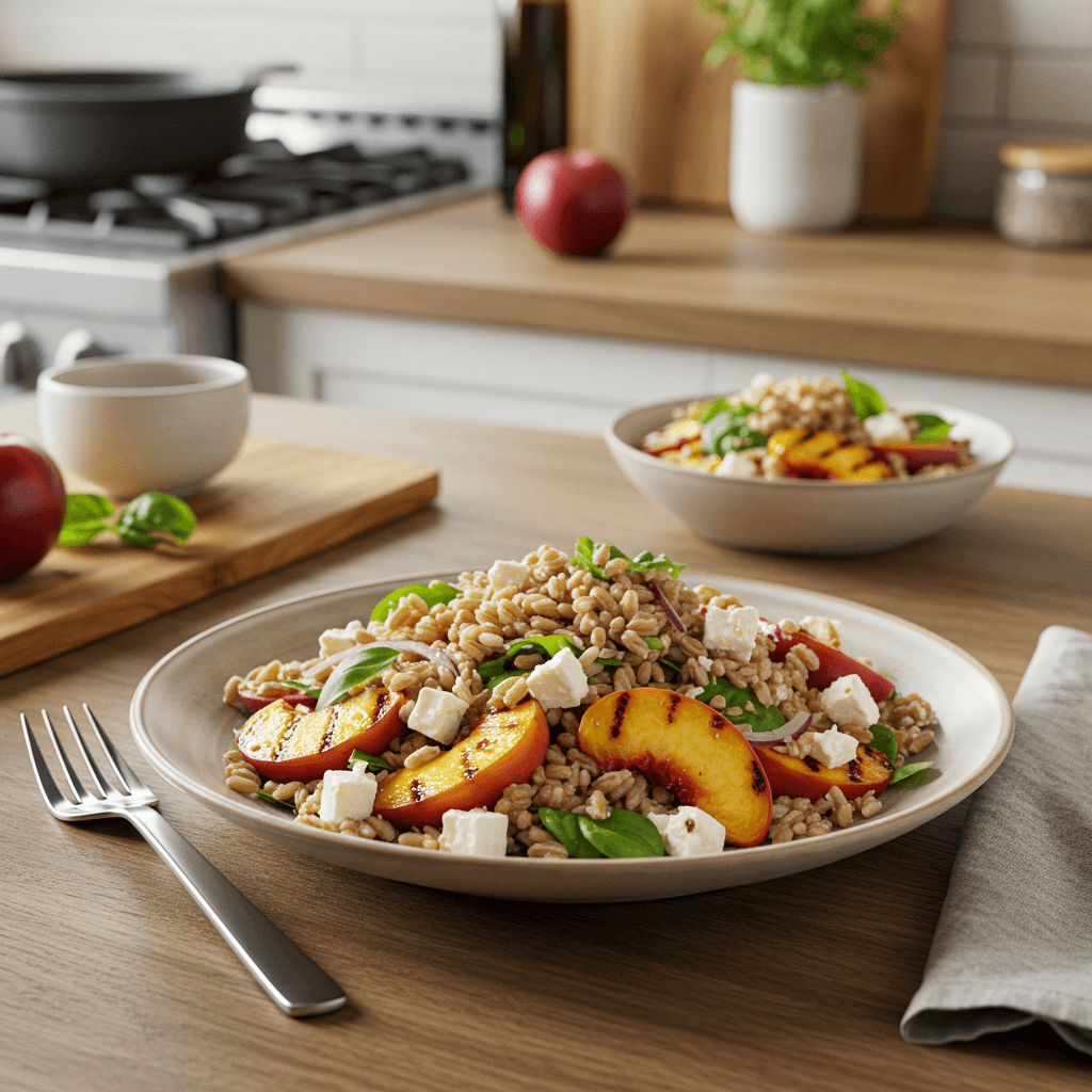 Summer Farro Salad with Grilled Peaches and Feta