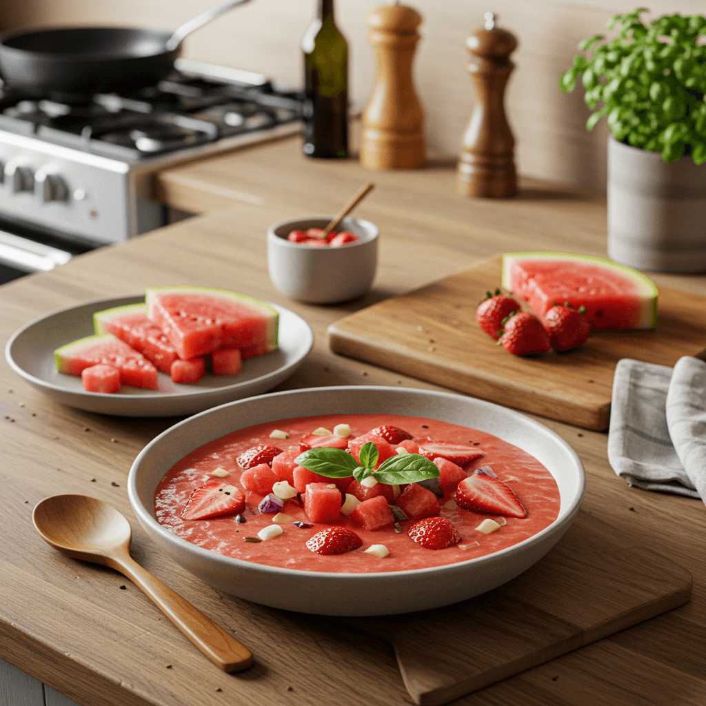 Summery Watermelon and Strawberry Gazpacho