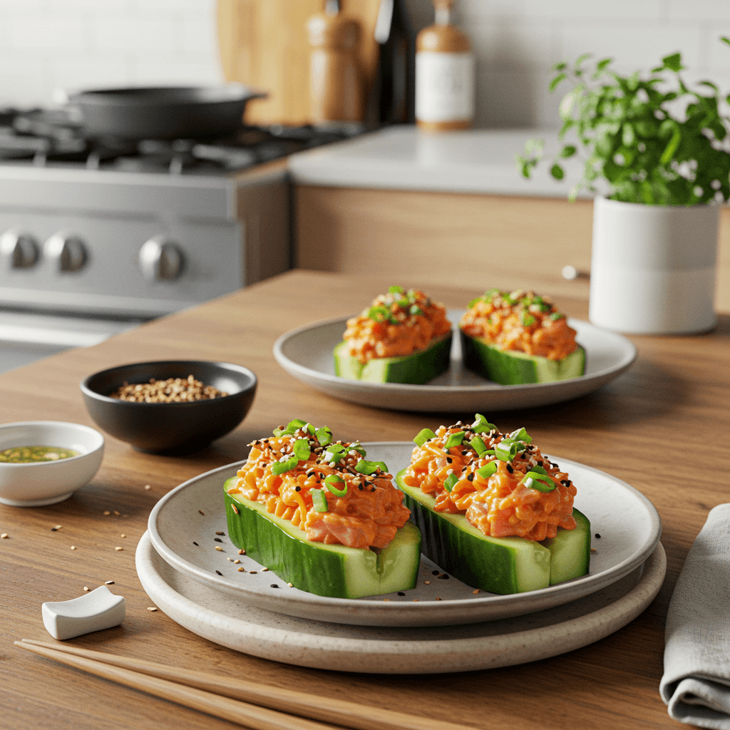 Tuna Sriracha Cucumber Boats with Furikake