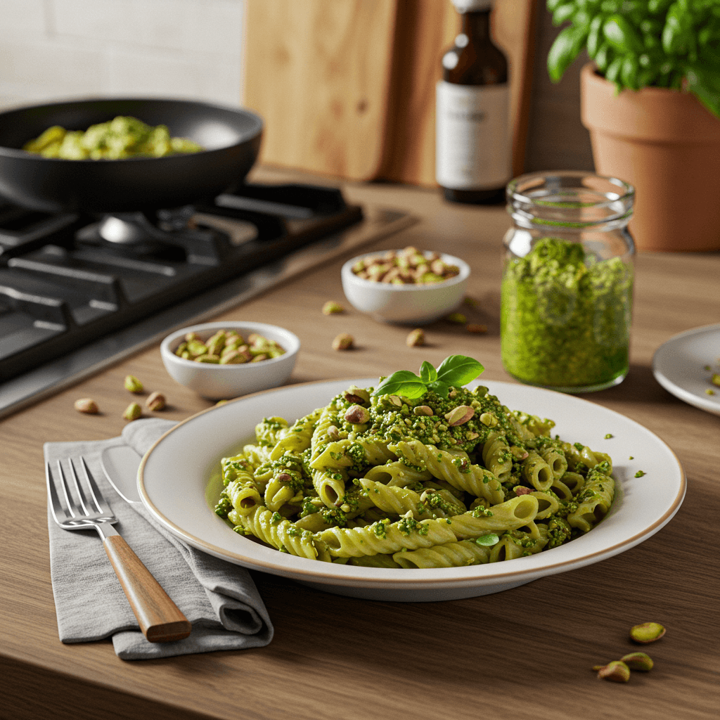 Vibrant Pistachio Basil Pesto over Busiate Pasta