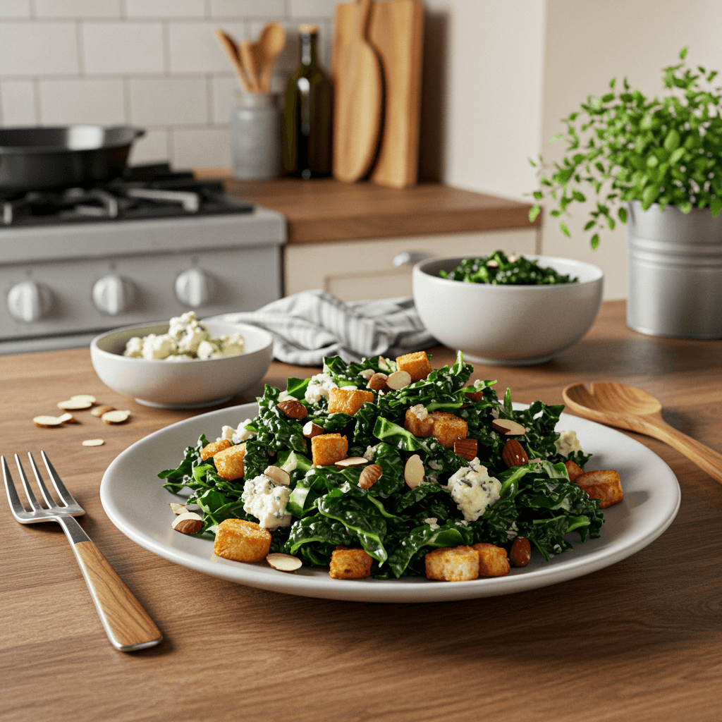 Warm Kale, Toasted Almond, and Gorgonzola Crouton Salad
