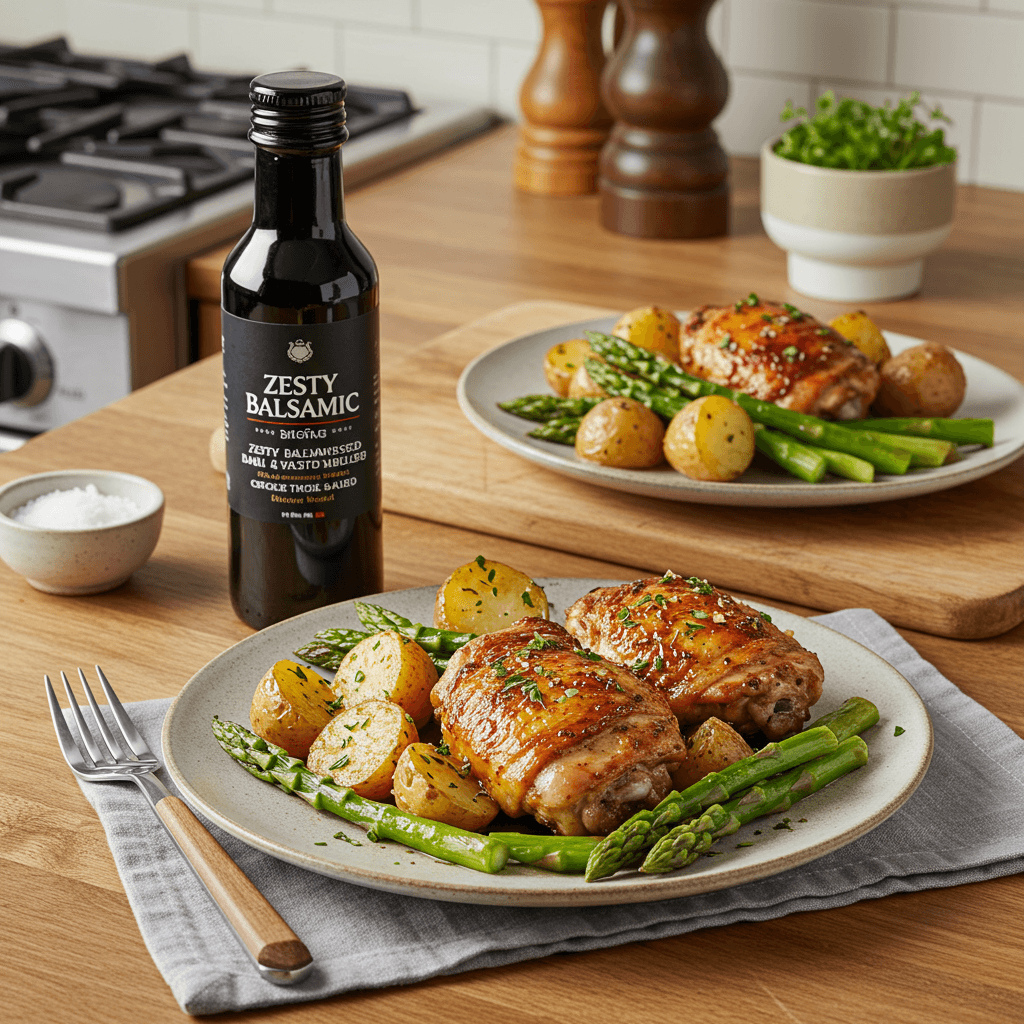 Zesty Balsamic Chicken Thighs with Basil-infused Potato & Asparagus Medley
