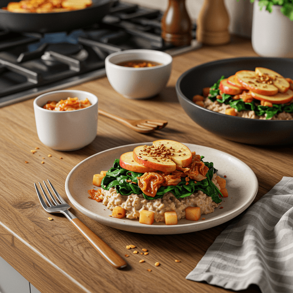 Apple Cinnamon Oatmeal with Kimchi and Spinach