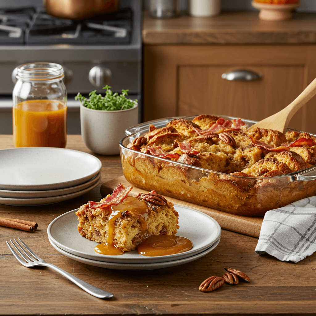 Bacon and Maple-Pecan Bread Pudding with Spiced Pumpkin Sauce