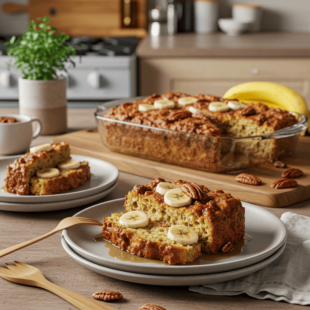 Baked Banana Bread Pudding with Toasted Pecans
