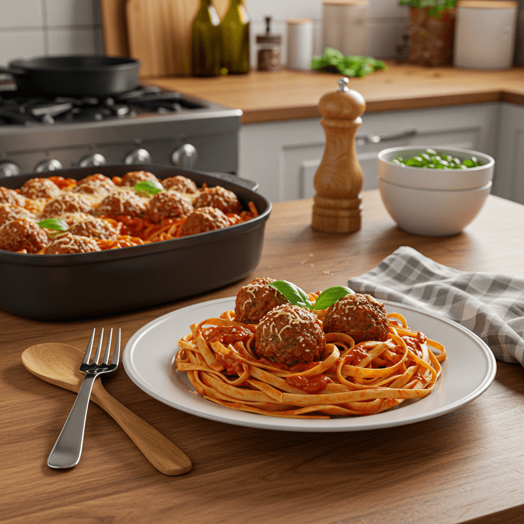 Baked Linguine and Beef Meatballs in Marinara Sauce