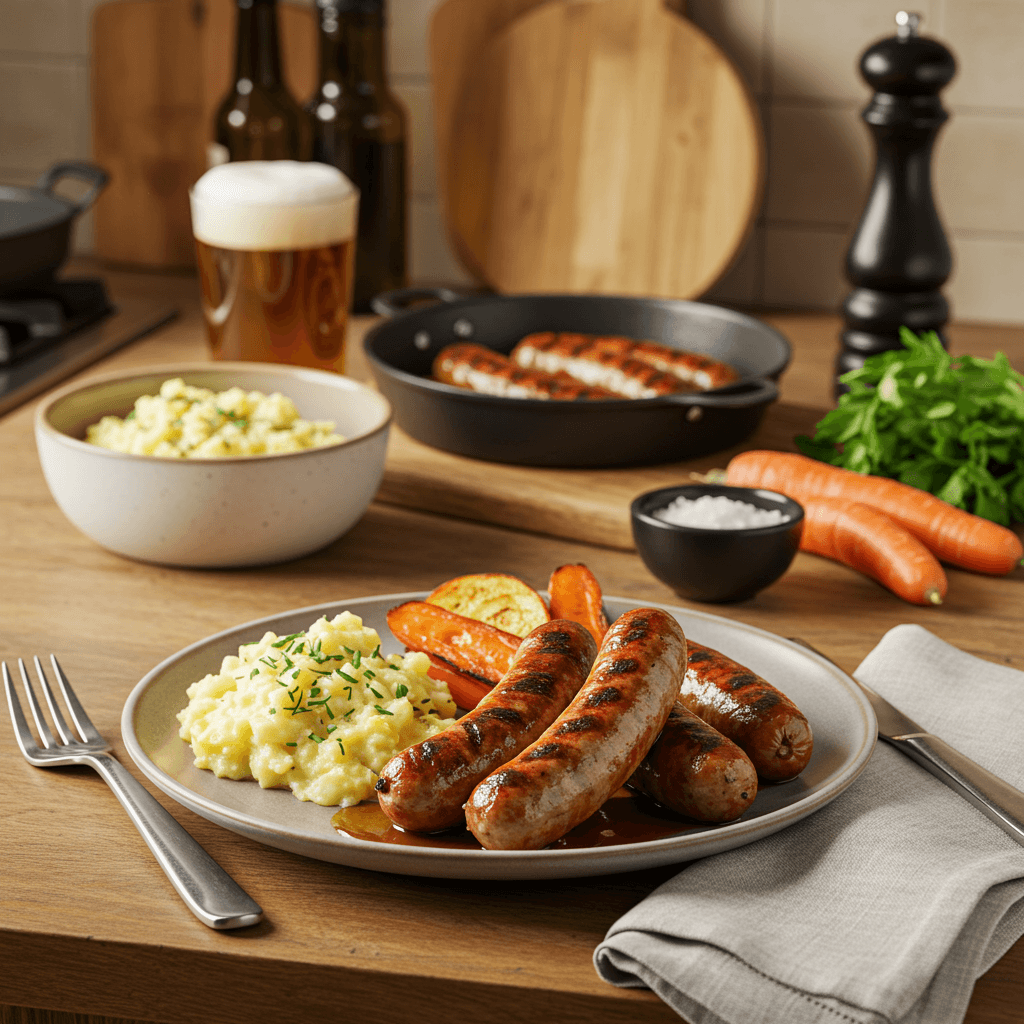 Beer-Bathed Charcoal-Grilled Bratwurst with German Sides