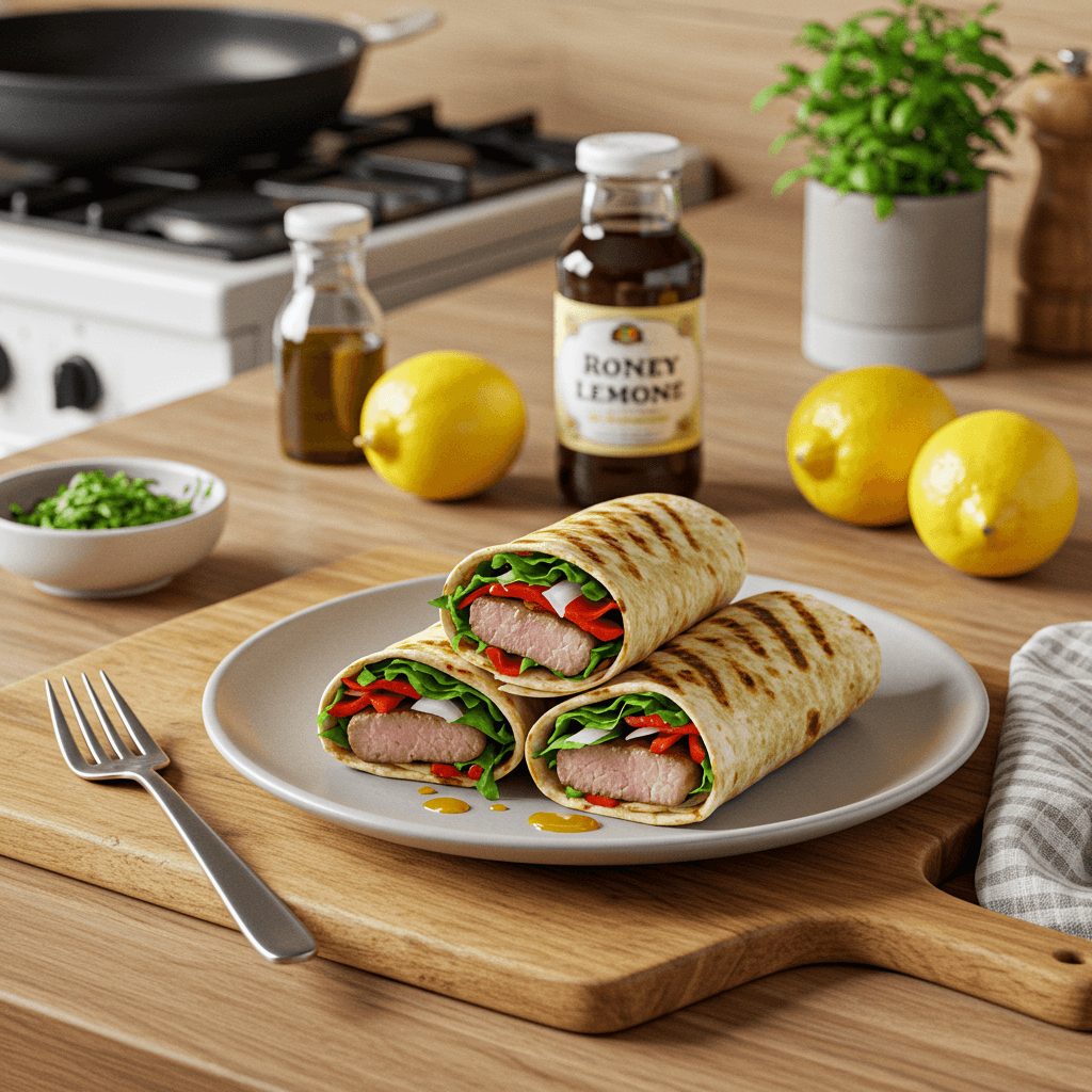 Charcoal-Grilled Spiced Meat Wraps with Honey Lemon Drizzle