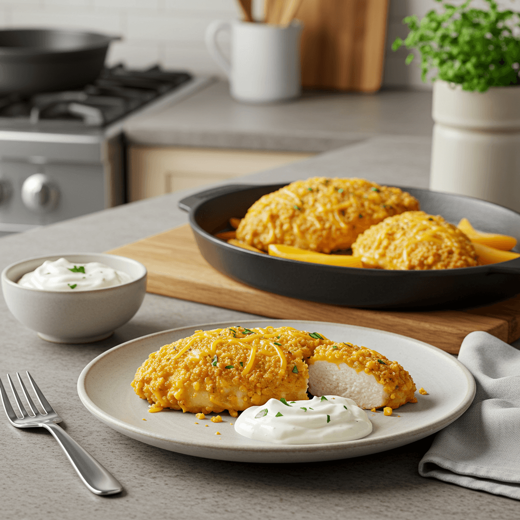 Cheddar-Crusted Chicken with Honey Dijon Yogurt Sauce