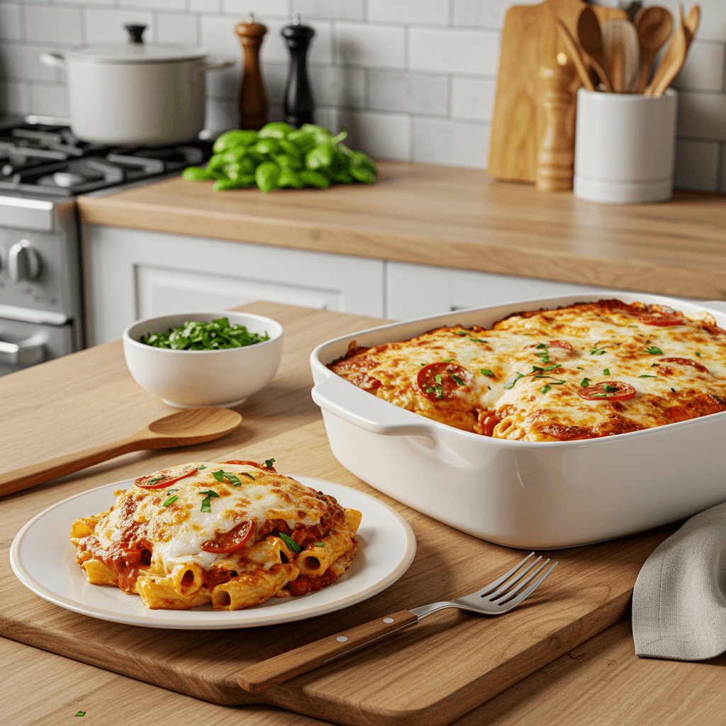 Cheesy Baked Pasta Pizza Casserole