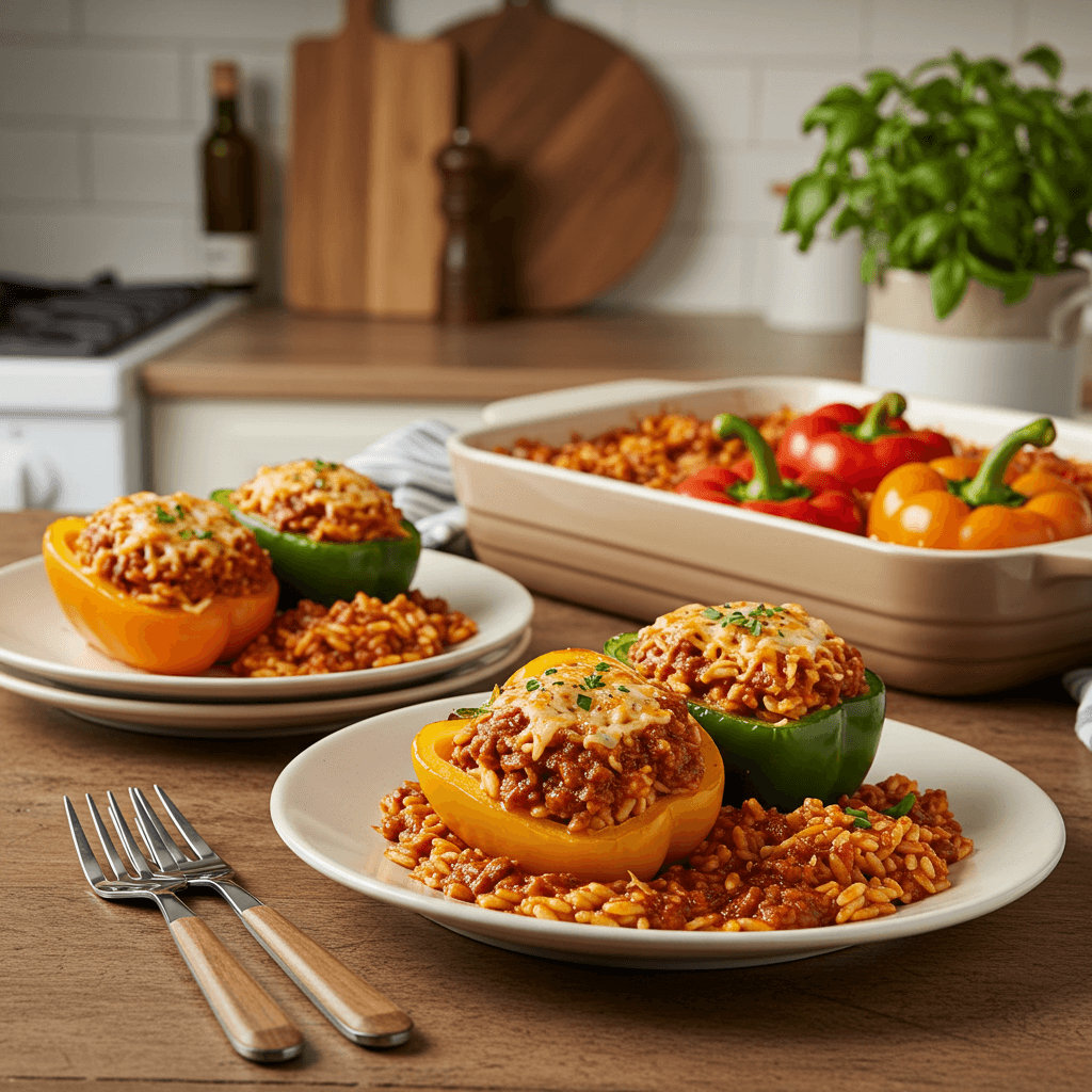 Cheesy Beef & Orzo Stuffed Bell Peppers