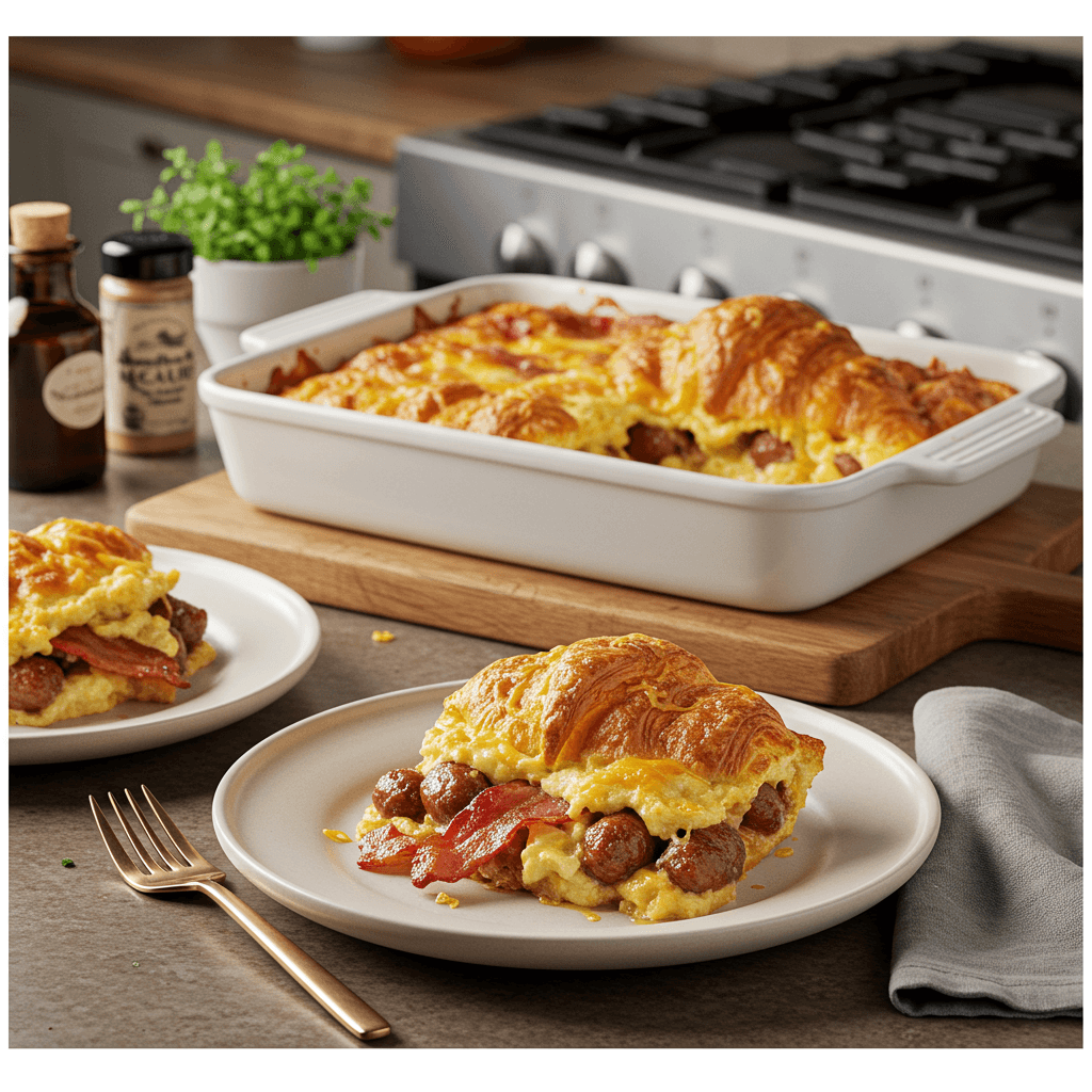 Cheesy Breakfast Croissant Bake with Maple-Glazed Bacon & Sausage