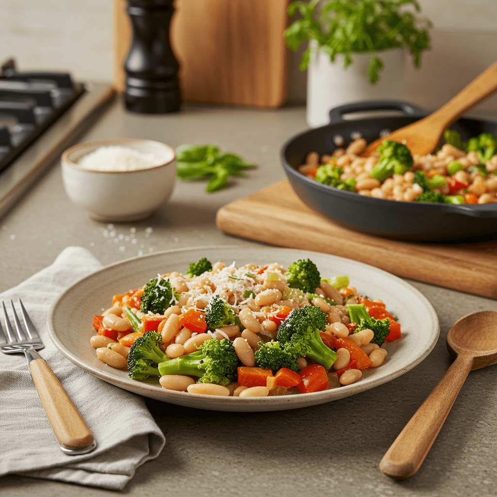 Cheesy Cannellini Bean and Broccoli Skillet Delight