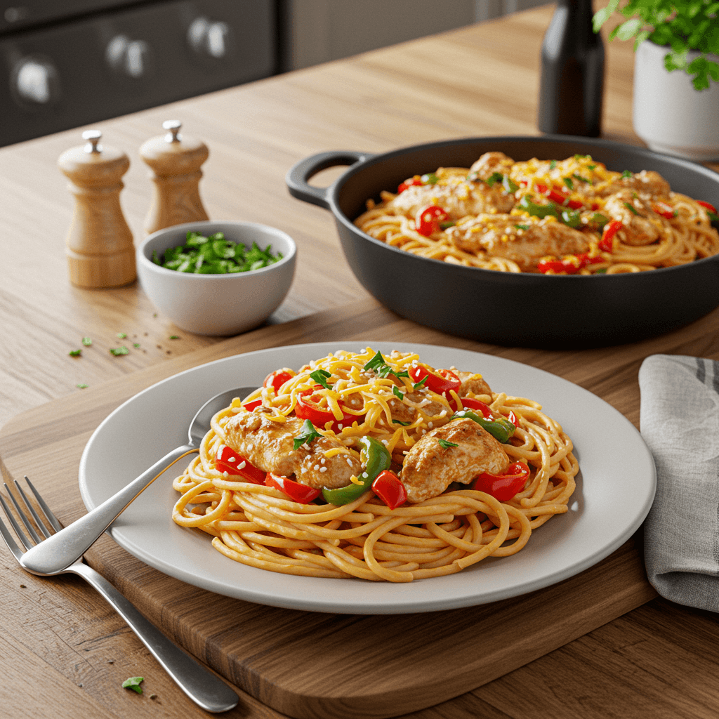 Cheesy Chicken Spaghetti with Peppers & Chiles