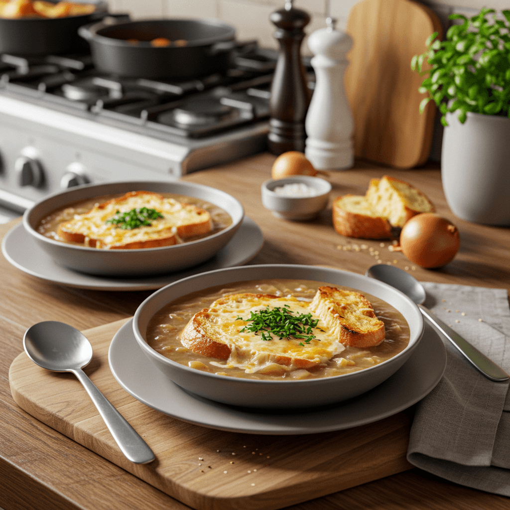 Classic French Onion Soup with Cheese Croutons