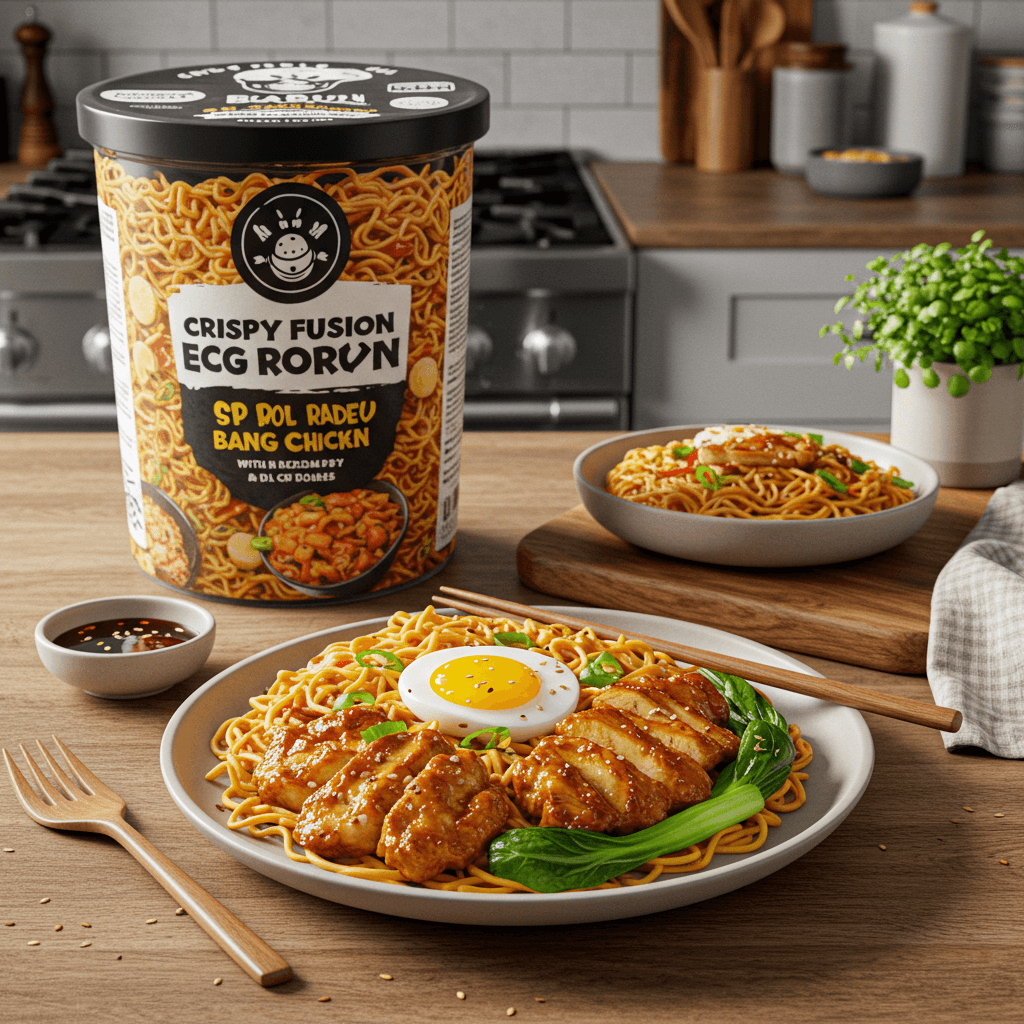 Crispy Fusion Egg Roll Ramen with Spicy Bang Bang Chicken