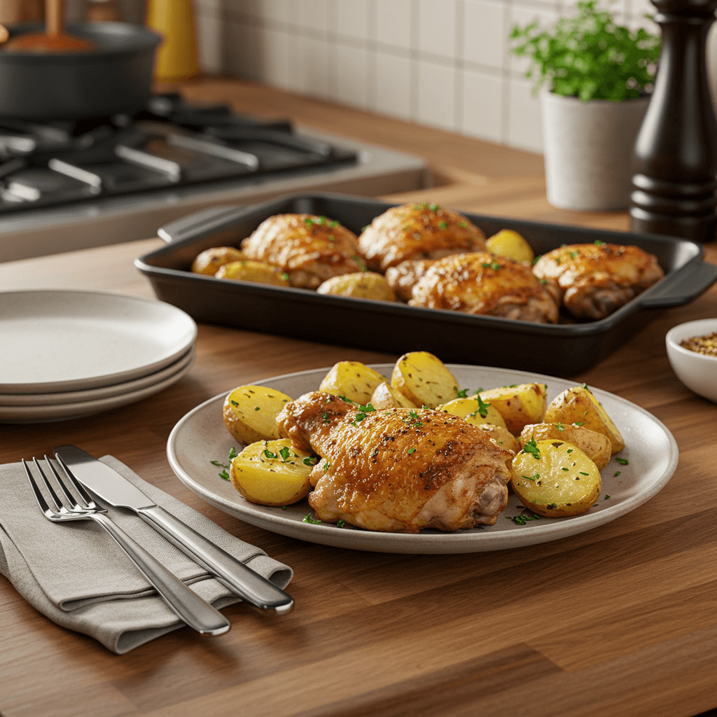Crispy Oven-Baked Chicken Thighs with Herb-Infused Yukon Gold Potatoes