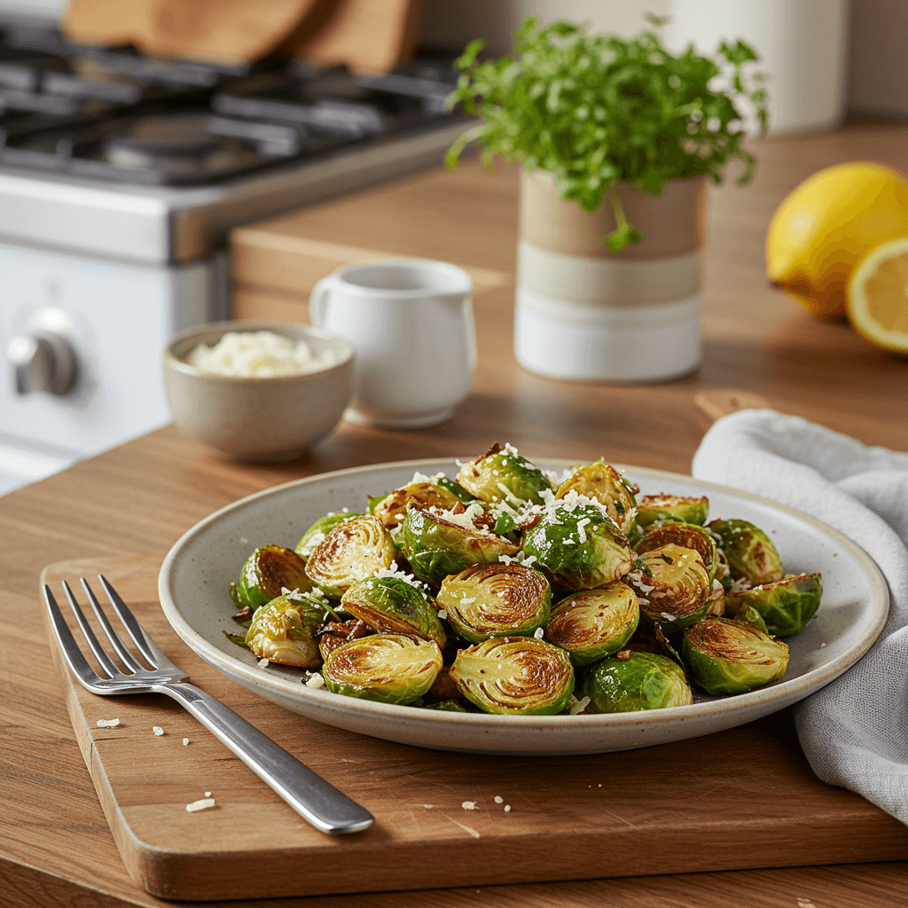 Crispy Pan-Fried Brussels Sprouts with Greek Yogurt & Lemon Parmesan Sauce