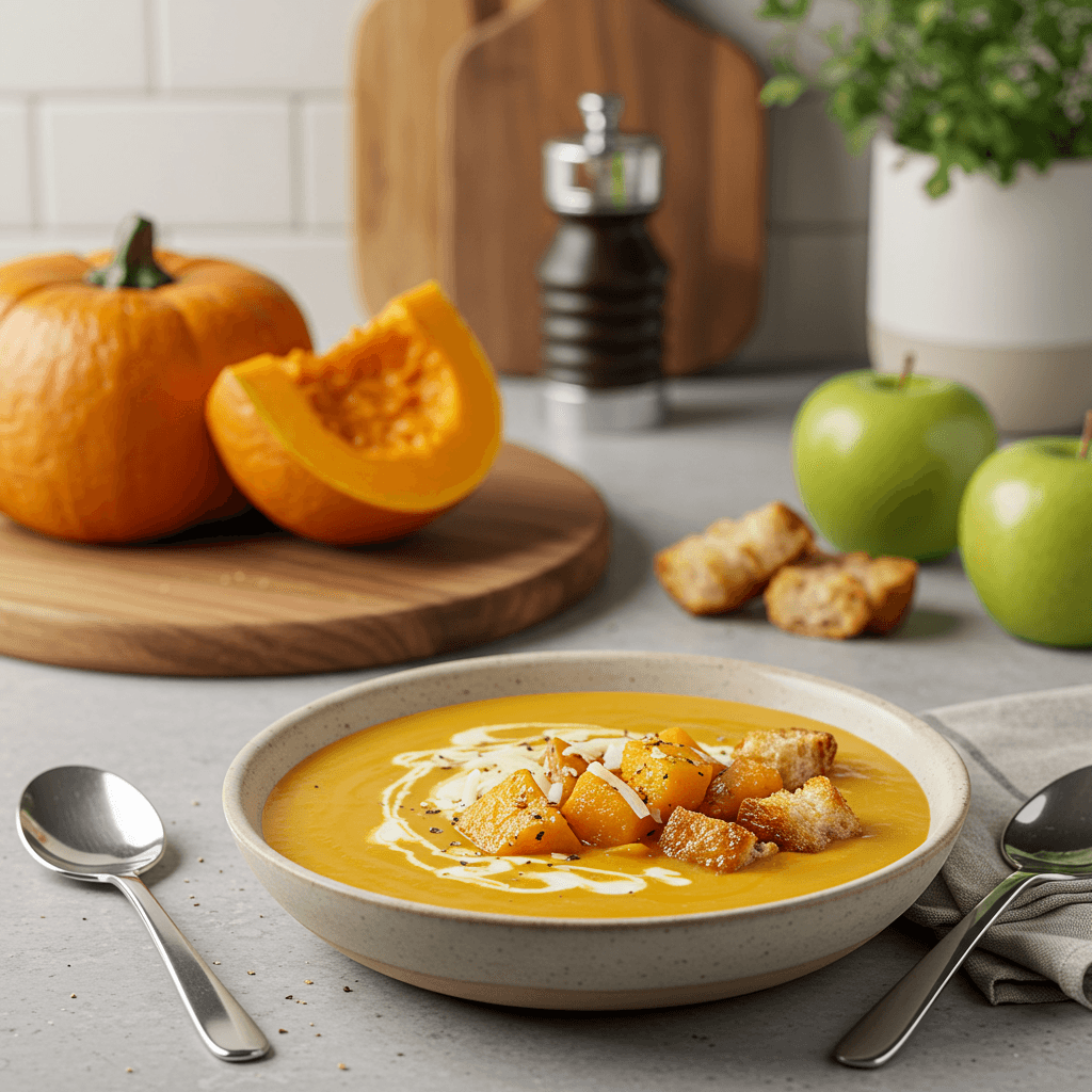 Crock Pot Butternut Squash & Apple Cider Soup with Crunchy Croutons