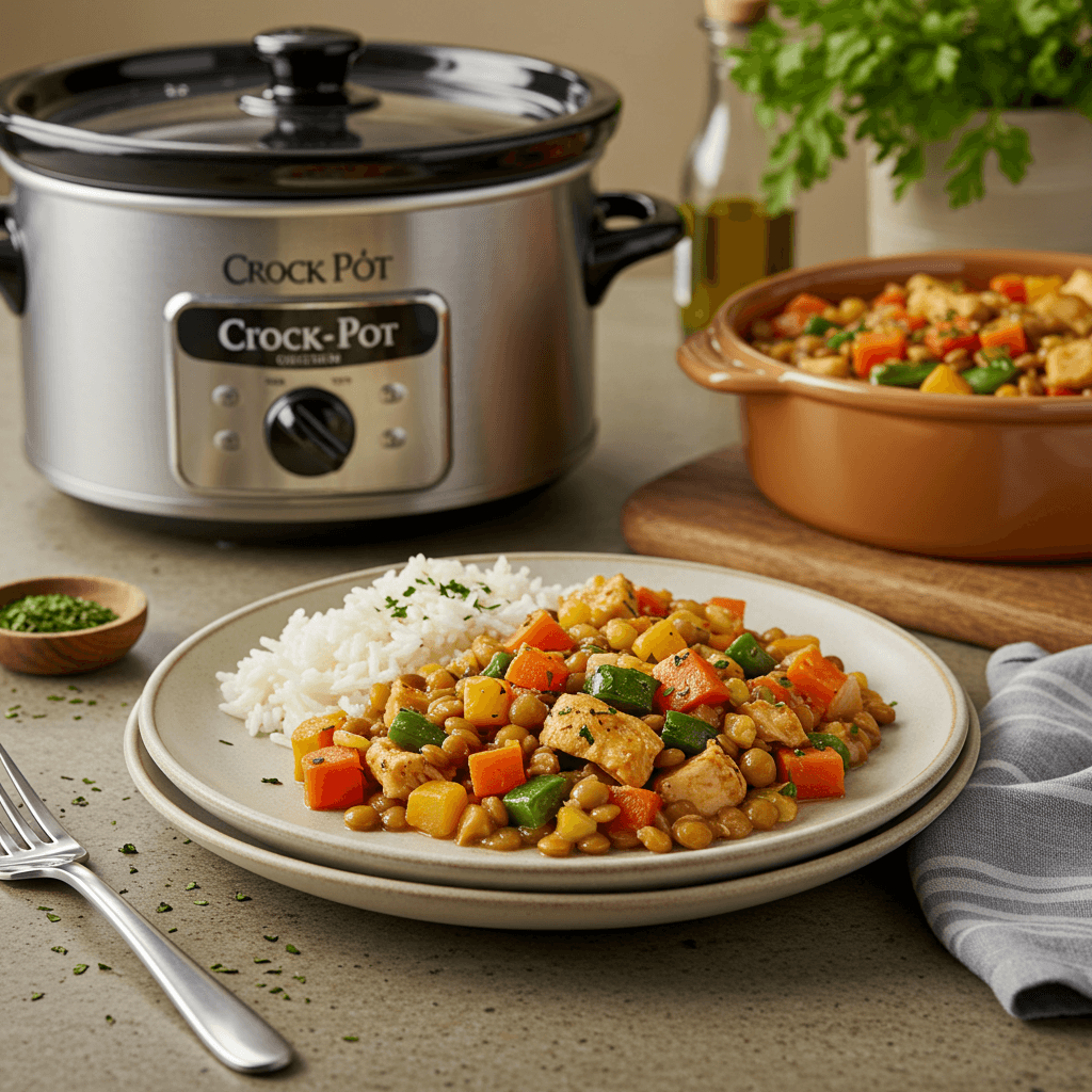 Crock Pot Cheesy Veggie Medley with Chicken and Lentils