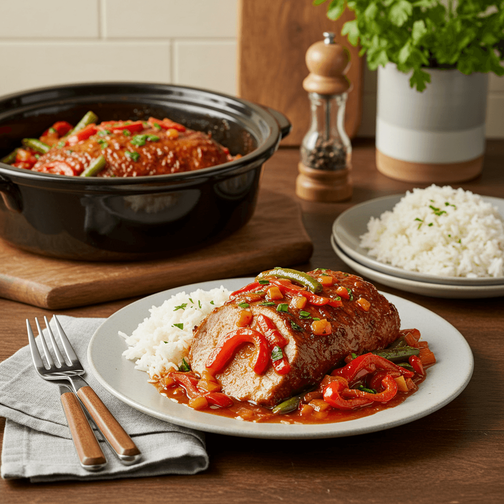 Crock Pot Pork Roast with Savory Tomato-Bell Pepper Sauce