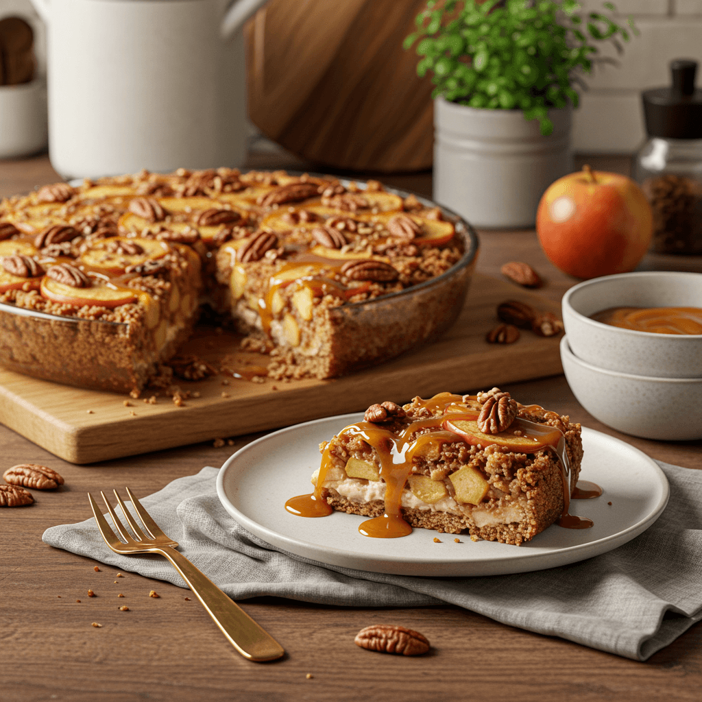 Decadent Apple-Cinnamon Walnut Pecan Crisp with Caramel Cream Cheese Drizzle