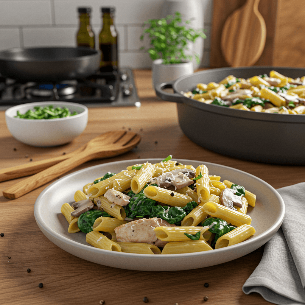 Decadent Penne with Spinach, Mushrooms, and Creamy Chicken