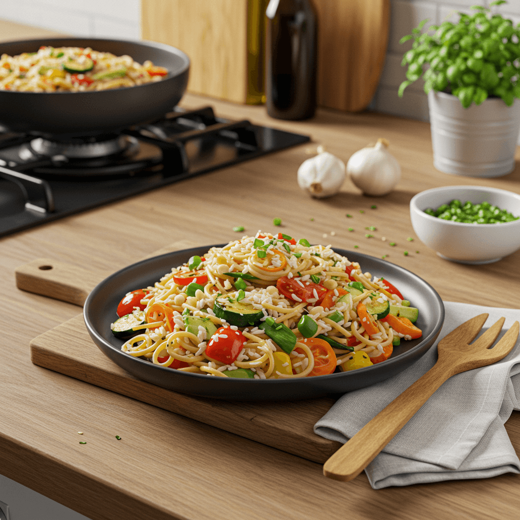 Flavorful Rice Pasta with Fresh Veggies and Savory Sauce