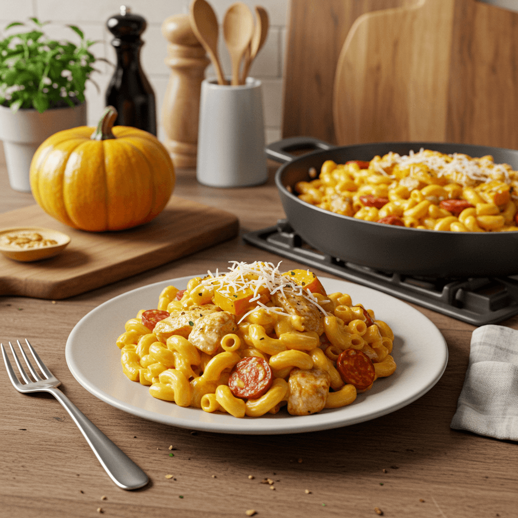 Hearty Mac and Cheese with Pumpkin, Chicken, and Chorizo