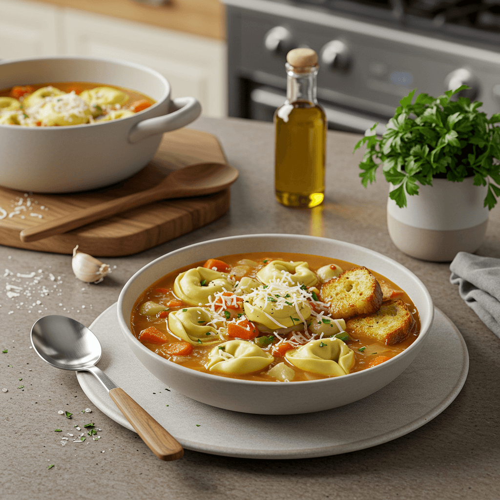 Hearty Tortellini Soup with Parmesan & Garlic Croutons
