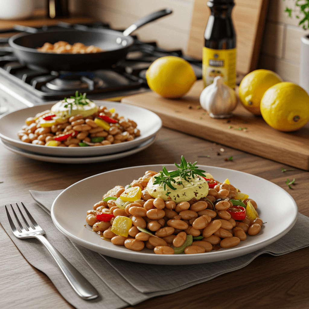 Herb-Infused Baked Beans with a Zesty Lemon Vinegar Drizzle