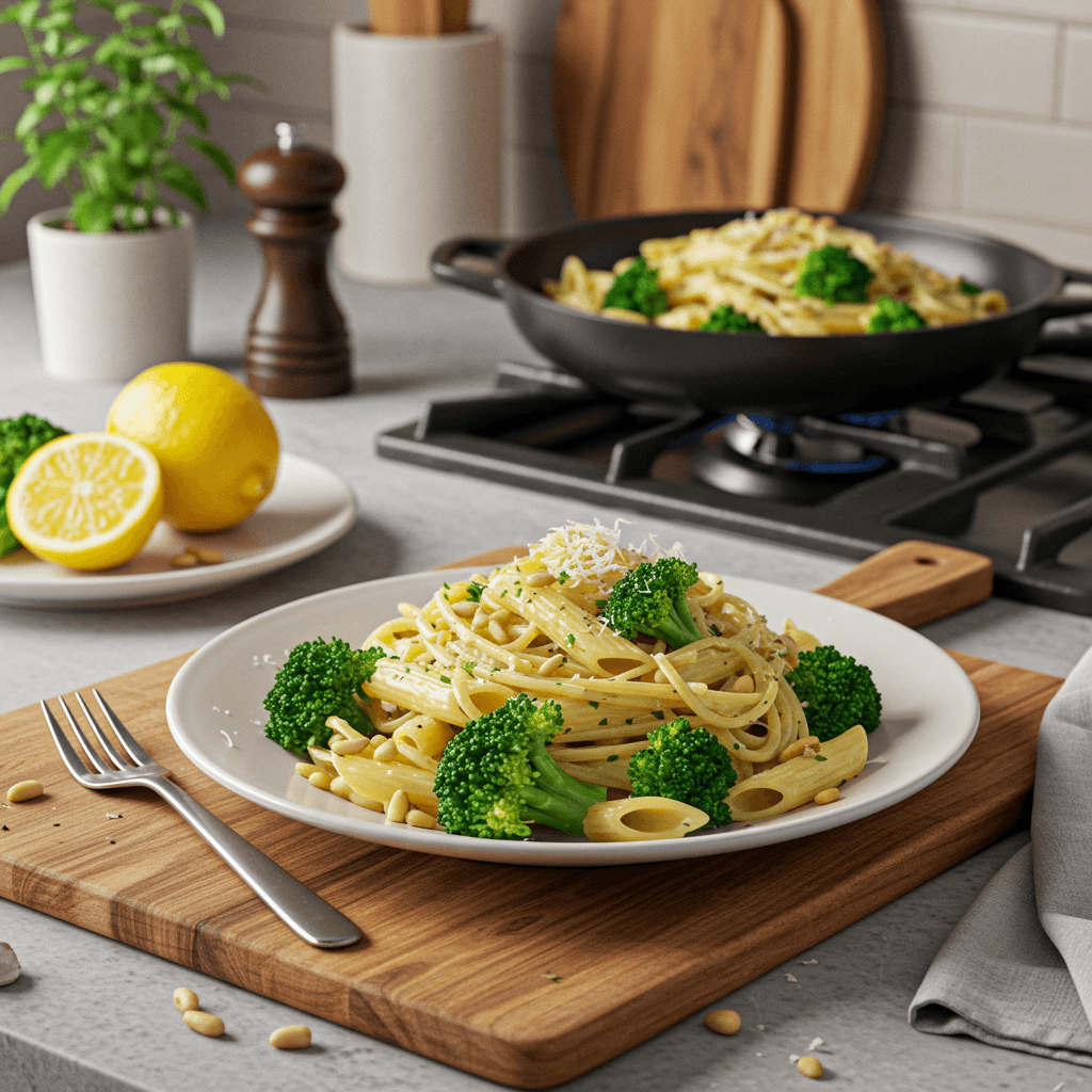 Lemon Garlic Pasta with Broccoli and Toasted Pine Nuts