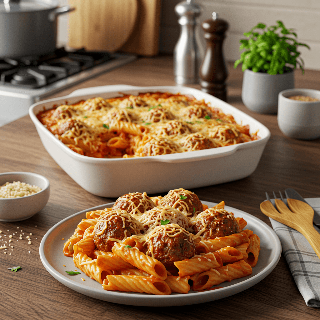 Oven-Baked Cheesy Meatball Pasta Delight