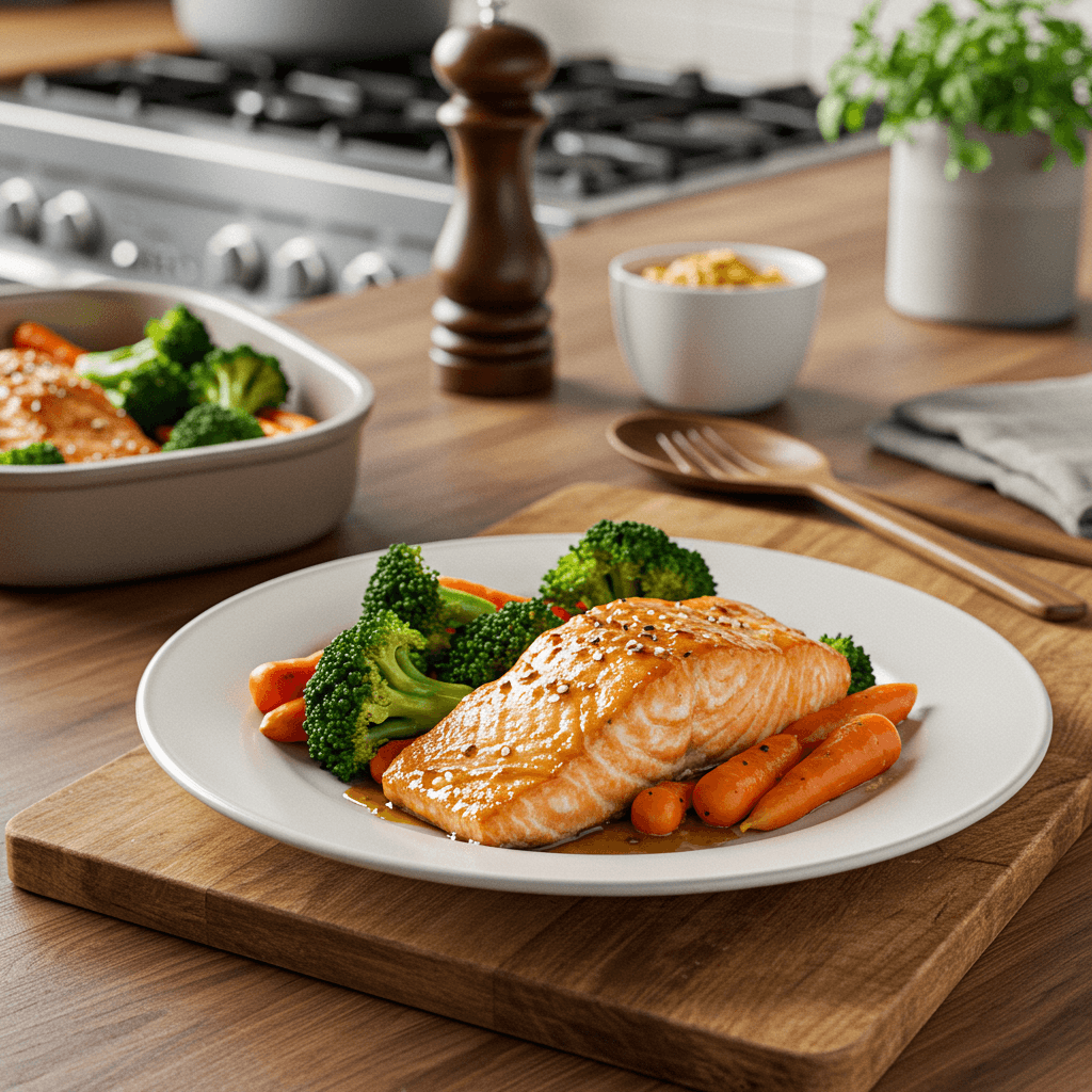 Oven-Baked Hot Honey Glazed Salmon with Carrots and Broccoli
