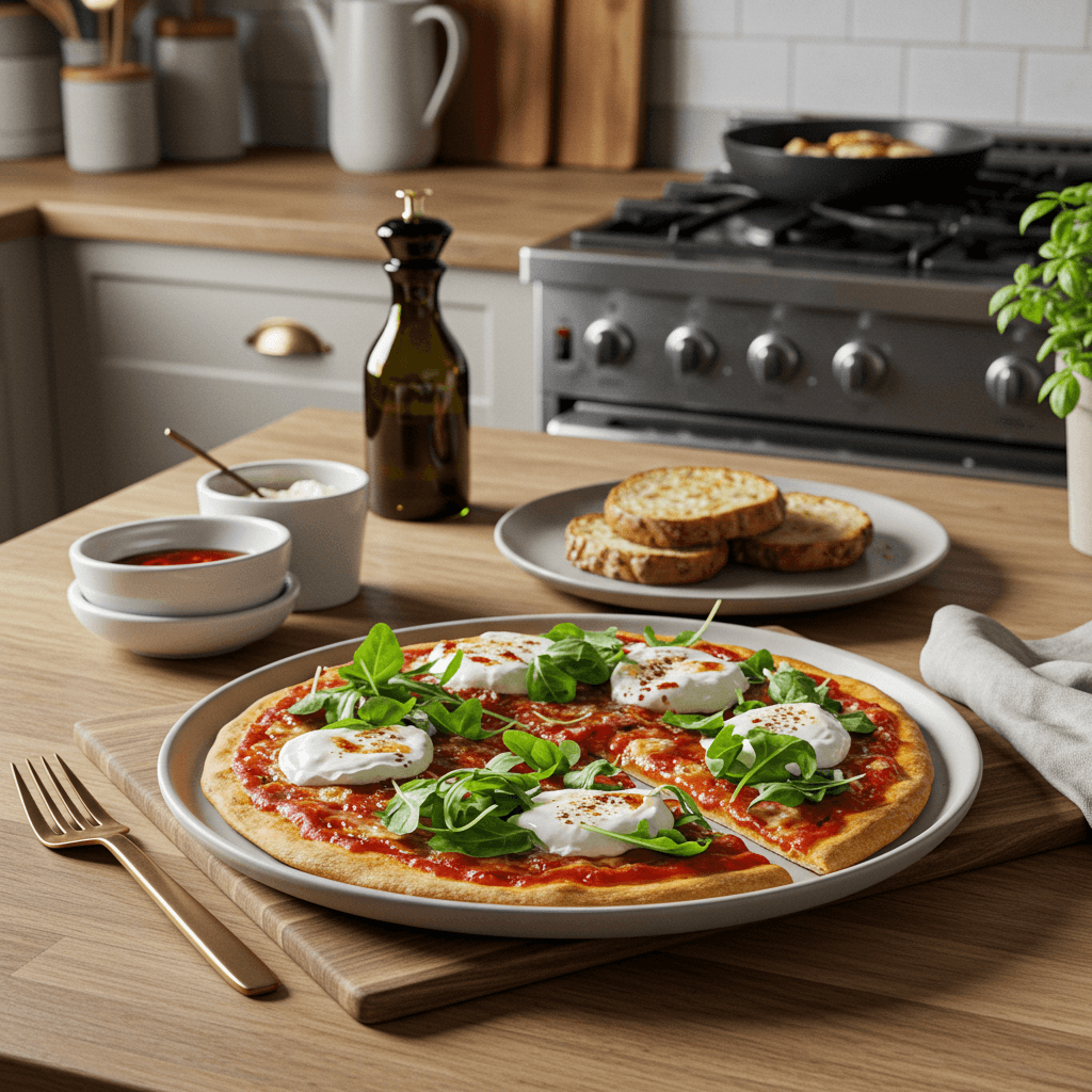 Oven-Baked Mozzarella & Ricotta Arugula Pizza with Calabrian Chili Drizzle