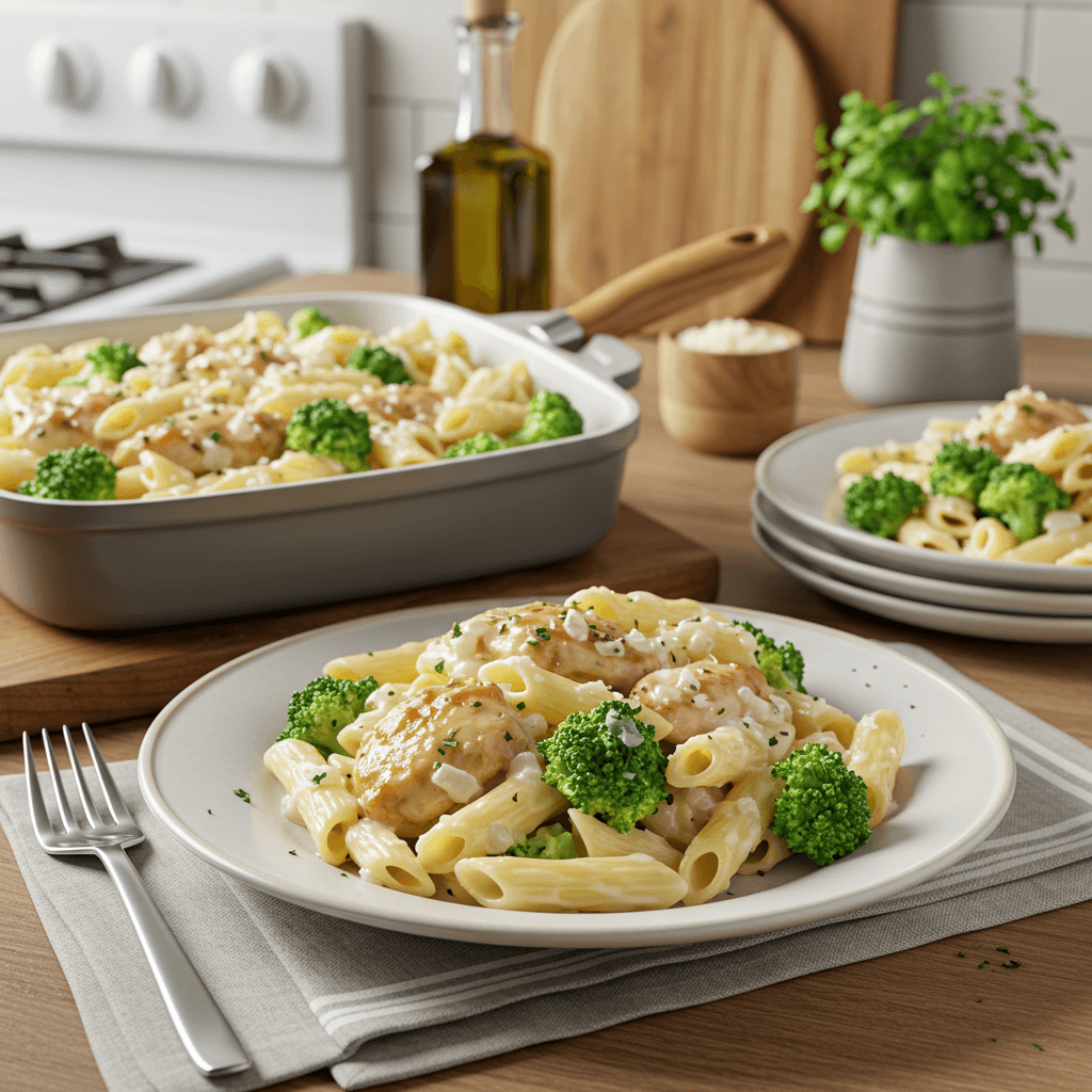 Oven-Baked Penne Pasta with Broccoli and Rotisserie Chicken Alfredo