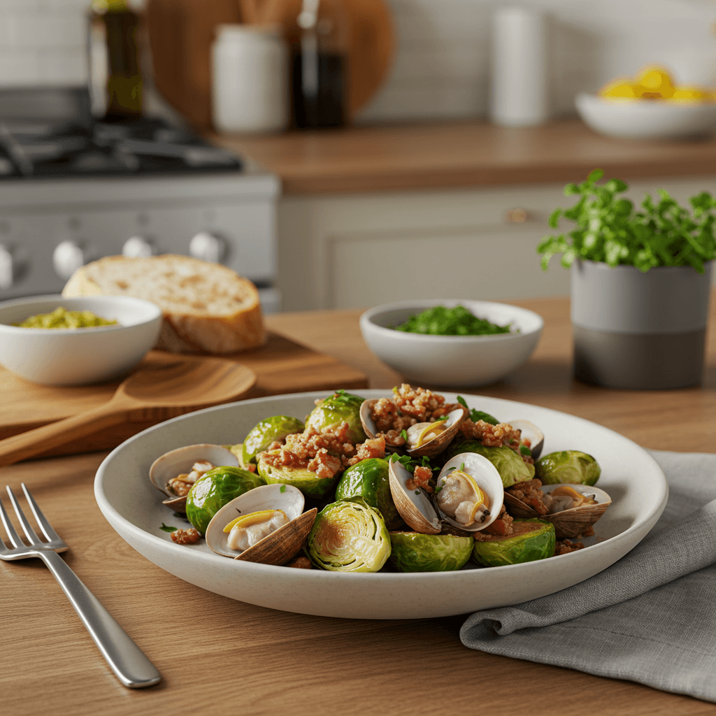 Oven-Roasted Brussels Sprouts and Clams with Maple Bacon Crumble
