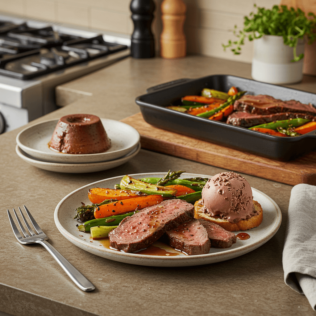 Oven-Roasted Flank Steak with Honey-Glazed Vegetables & Chocolate Pudding Sundae