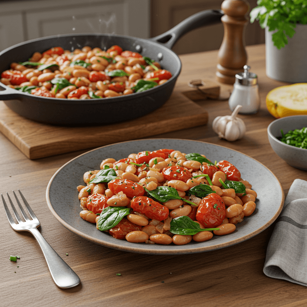 Rustic Garlic and Tomato Bean Skillet with Spinach