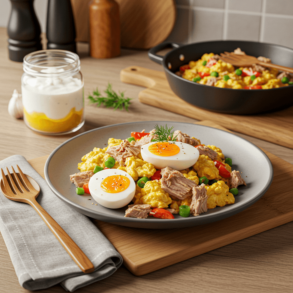 Sauteed Tuna and Egg Snack with Greek Yogurt Paprika Dressing