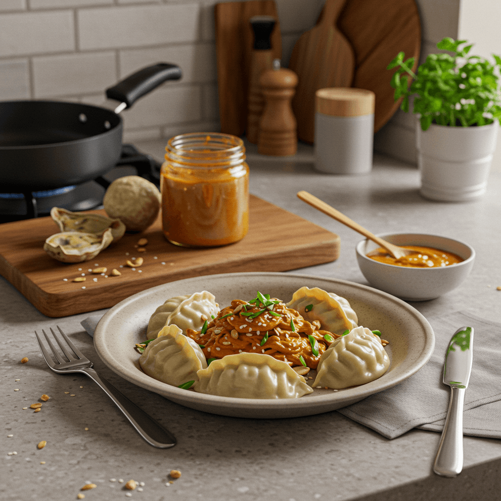 Savory Dumplings with Spicy Peanut Sauce